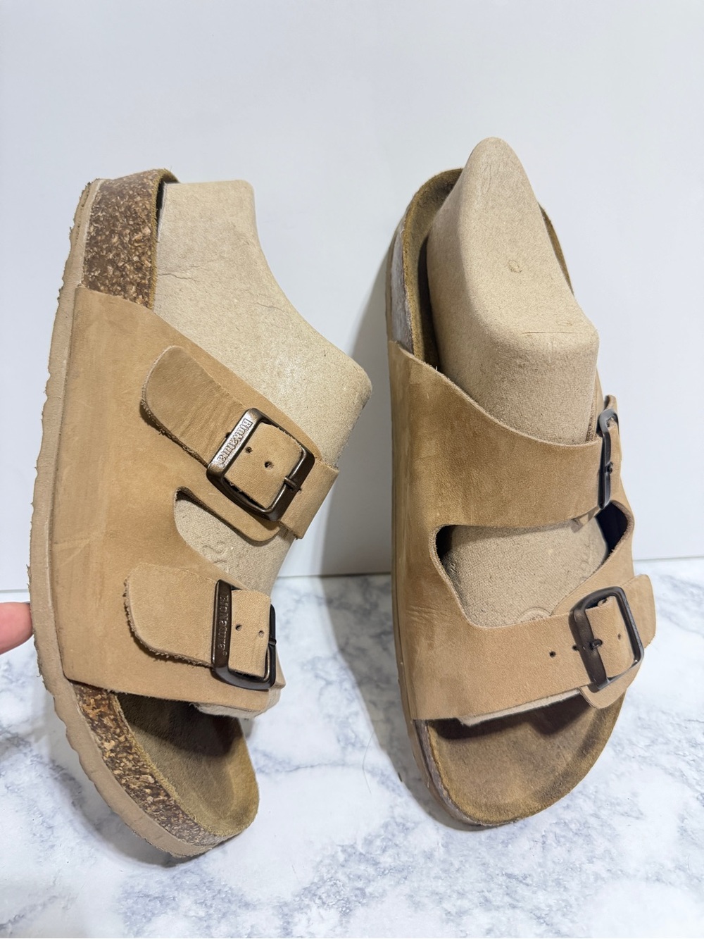 BioNatura Licata Coffee tan leather double strap buckle cork casual sandals 10